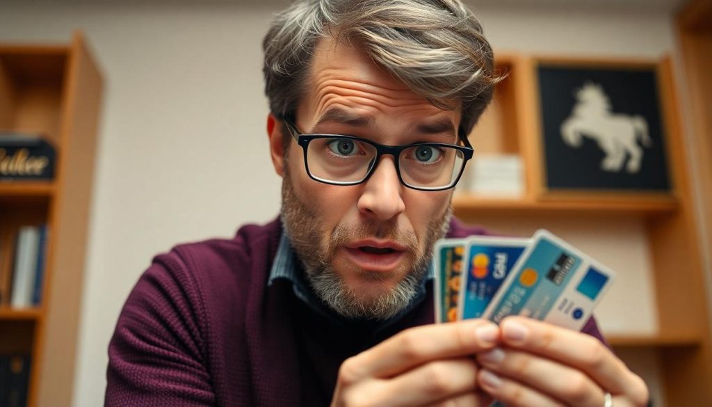A man looks worrying at his bank cards as he thinks he's been scammed.