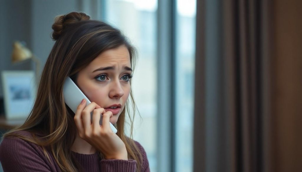 A young woman looking concerned while she's on the phone checking if she's been a victim of an Allied Irish Bank fraud.