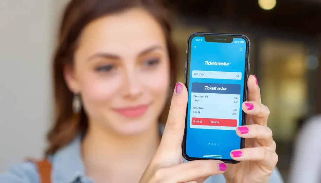 A woman showing her mobile phone as she's about to buy tickets online