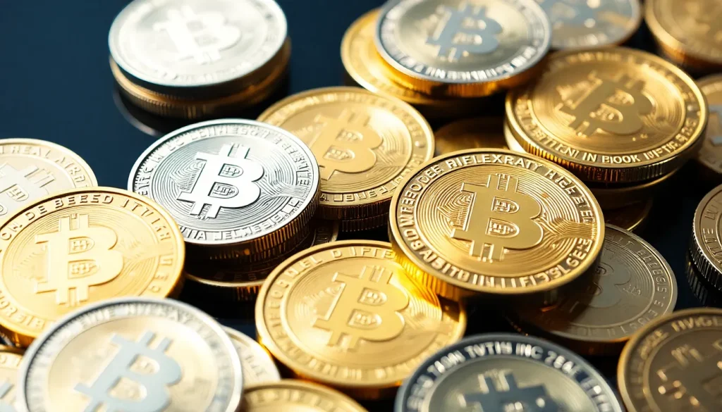 A photo of a pile of different crypto coins