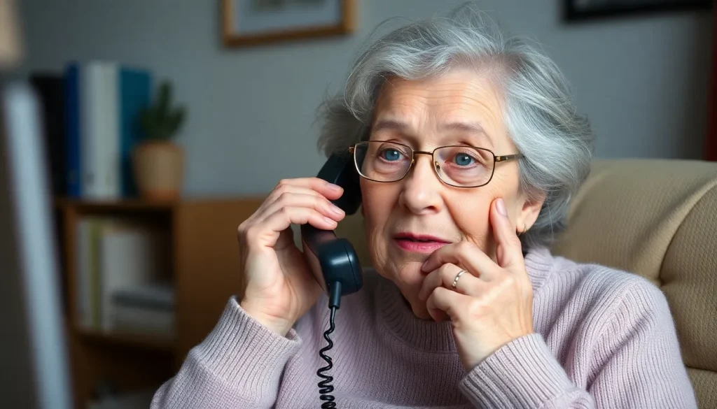 A picture of an elderly woman looking concerned while on a phone call