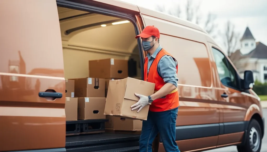 A picture of a courier unloading parcels from a van