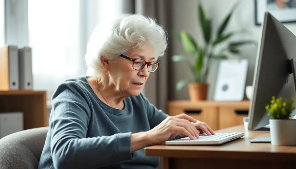 An elderly woman trying to access online banking on her computer.